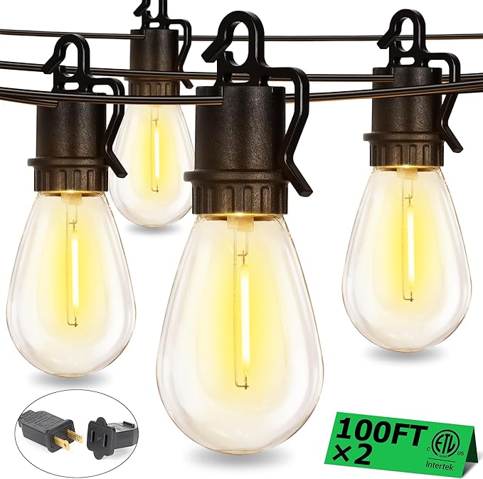 200FT Outdoor String Lights with 104 Shatterproof S14 Vintage Edison Bulbs E12 Sockets,2700K Dimmable Outdoor Lights,IP55 Waterproof LED String Lights for Outside, Patio, Garden, Backyard,Bistro