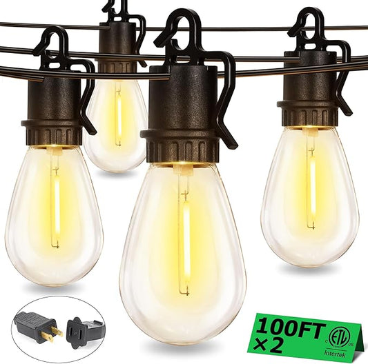 200FT Outdoor String Lights with 104 Shatterproof S14 Vintage Edison Bulbs E12 Sockets,2700K Dimmable Outdoor Lights,IP55 Waterproof LED String Lights for Outside, Patio, Garden, Backyard,Bistro