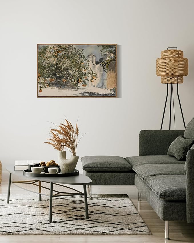 VIYYIEA Vintage Plant Large Framed Wall Art, Orange Trees and Gate Painting Decor Aesthetic, 20x30 Inch Canvas Print Artwork, Farmhouse Still Life Wall Pictures for Bedroom Living Room