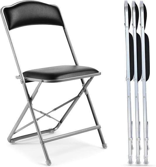 Folding Chairs with Padded Seats 4 Pack - Foldable Chair with Heavy-Duty Steel Frame, Elegant Party Chairs, Metal Folding Chair for Outside, Home, Office, Indoor & Outdoor Events - Silver/Black
