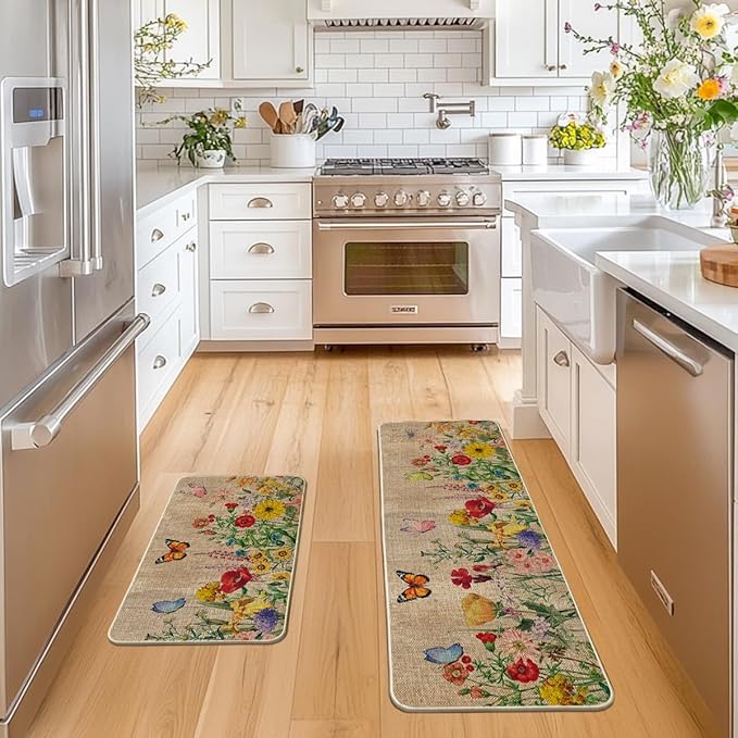 Artoid Mode Wood Flowers Butterfly Spring Kitchen Mats Set of 2, Seasonal Home Decor Leaves Low-Profile Kitchen Rugs for Floor - 17x29 and 17x47 Inch