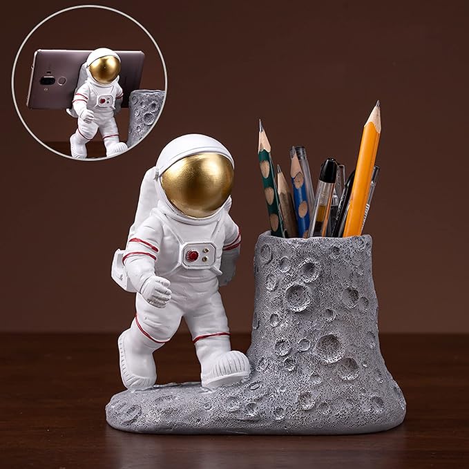 BUTILIVEEN Astronaut Pen Pencil Holder with Phone Stand, Resin Spaceman Pen Container Cell Phone Stand for home Office Desktop Decoration, Gifts for Space Lovers, Gifts for Christmas