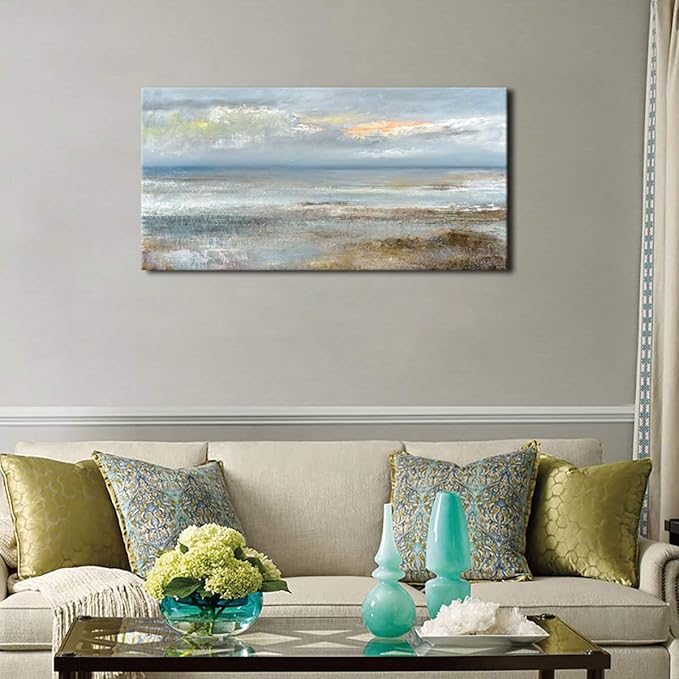 Abstract Wall Art Large Canvas Pictures Modern Blue Ocean Artwork on Canvas Prints Wall Decoration for Living Room Bedroom Bathroom Kitchen Office Home Wall Decor Framed Ready to Hang 20" x 40"