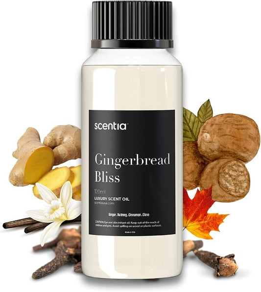 Scentia Gingerbread Bliss Fragrance Oil – 120ml Christmas Diffuser Oil | Cozy Holiday Blend with Nutmeg, Cinnamon & Vanilla | Aromatherapy for Home, Candles, Soaps & Holiday Décor | Made in USA