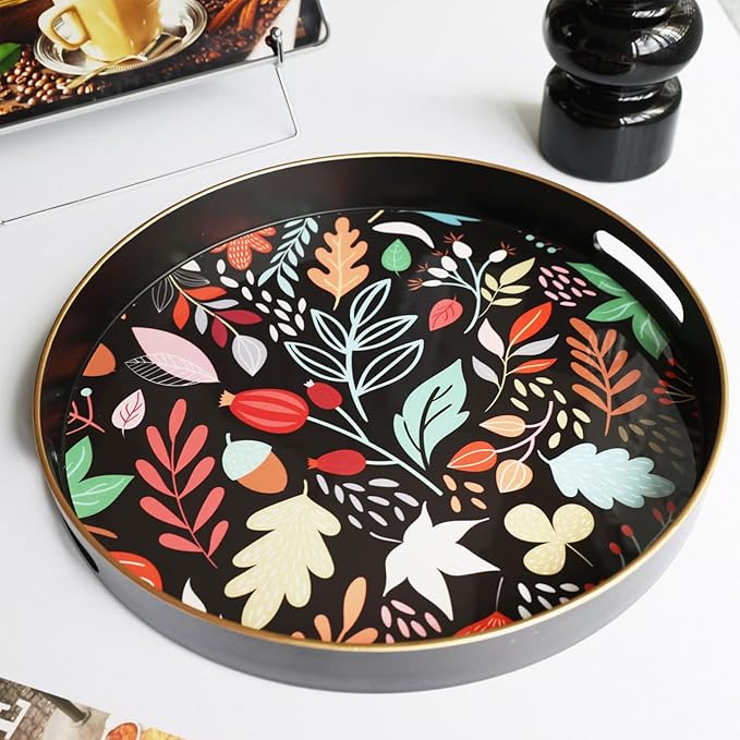 Round Serving Tray with Handles, Coffee Table Tray for Ottoman, Organizer Vanity Tray for Living Room, Outdoor Tray for Patio Entertaining, Serving Breakfast Kitchen Platter LEE33BH