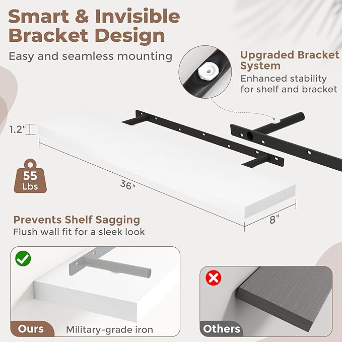 36 Inch Floating Shelves for Wall Set of 2, 8"D Wood Grain Bathroom Shelves with Invisible Brackets, Easy Install Engineered Wood Storage Shelves for Kitchen, Living Room, Bedroom, White Finish
