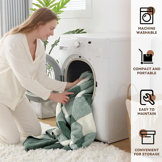 LURKA Checkered Sherpa Fleece Throw Blanket - Extra Thick and Warm Winter Soft Fuzzy Plush Blanket for Couches, Beds & Pets, Sage, 50x60 Inches