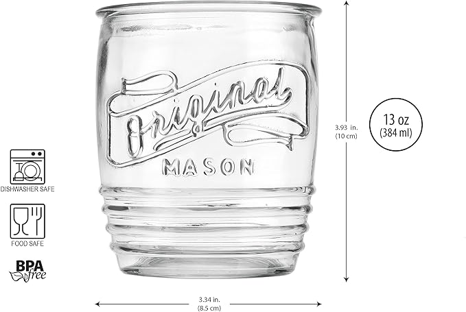 Glaver's Drinking Glasses Set of 4 Original Mason Whiskey 13 Oz Genuine Artisan-Made Vintage Italian Tumbler Glassware Set for Refreshing Drinks, Beverages, Iced Tea