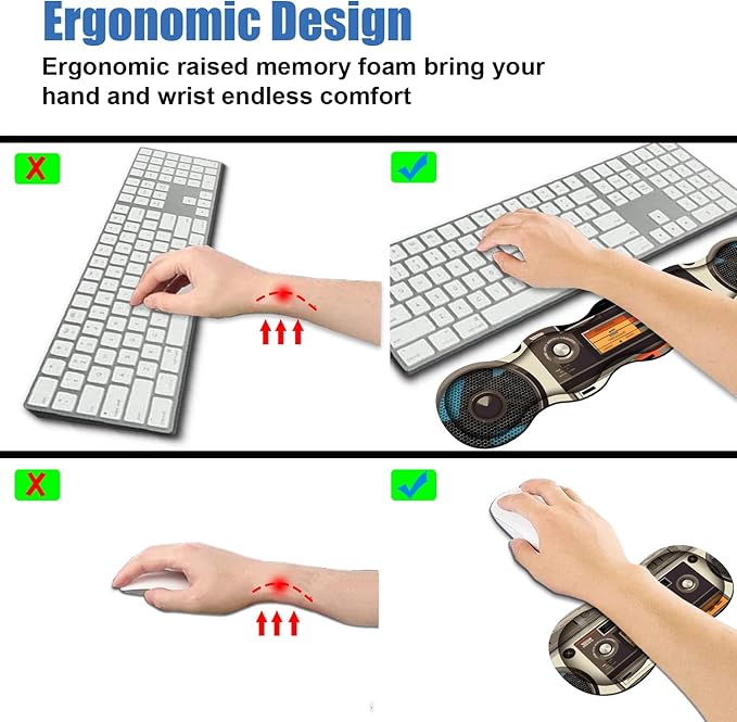 4 in 1 Ergonomic Memory Foam Mouse Pad Wrist Rest Set, Large XXL Gaming Desk Pad + Keyboard Wrist Rest + Mouse Wrist Cushion + Coaster for Home Office Study Gaming, Vintage Tape Recorder