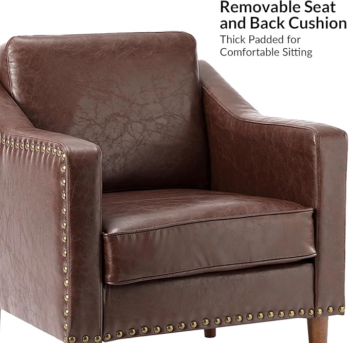 HULALA HOME Faux Leather Accent Armchairs Set of 2 with Back & Seat Cushions, Traditional Club Chairs with Nailhead Trim, Comfy Upholstered Sofa Chairs for Living Room Bedroom, Brown