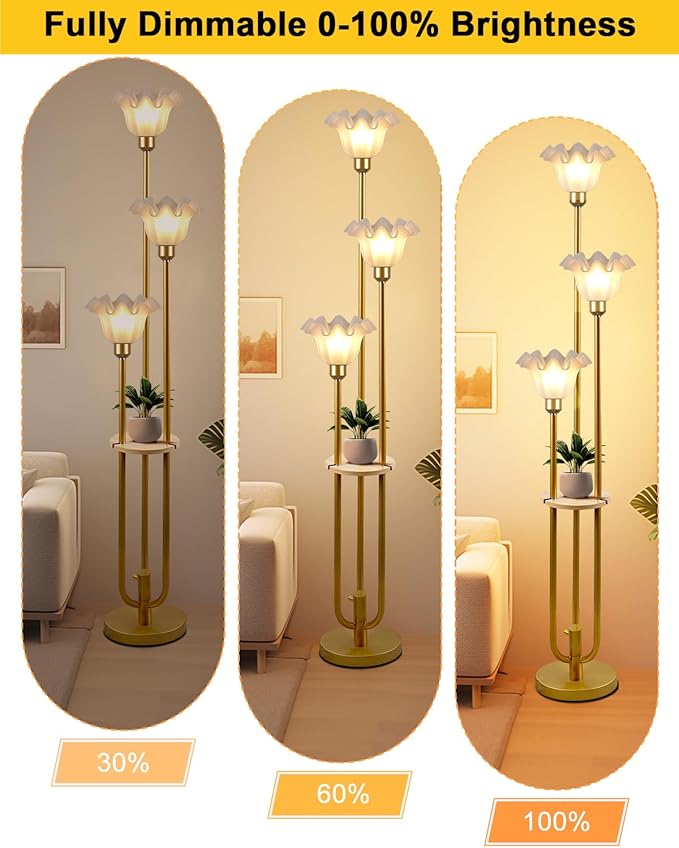 Lightdot Flower Floor Lamp for Living Room, Dimmable Vintage Floor Lamp with Shelf &3 LED Bulbs, 3 Light 3000K Soft Warmwhite Mid Century Gold Standing Lamp, Floral Tall Lamp for Bedroom Office