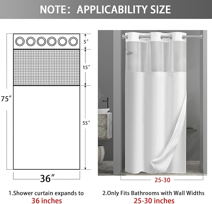 YellyHommy Stall No Hook Shower Curtain with Snap in Fabric Liner Set Less Time White Waffle Shower Curtain for Bathroom 75" L x 36" W