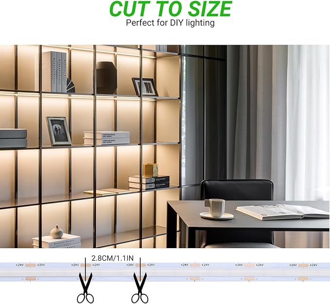 JOYLIT 24V COB LED Strip Lights 16.4FT/5M 288LEDs/M 3000K Warm White, UL Premium 6W/FT 10500LM Super Bright Dimmable LED Tape CRI 92, 120 Degree Beam Angle Light Strip Without Dots (No Power Supply)