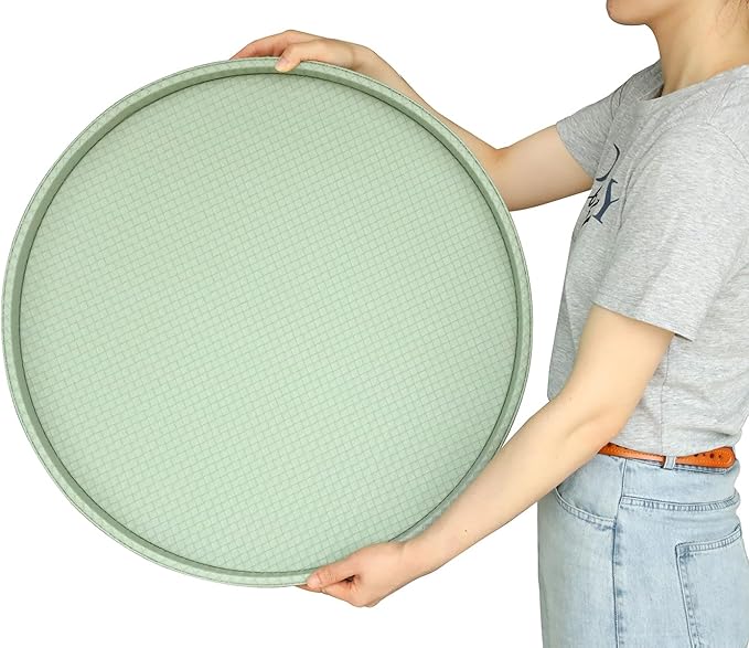 HofferRuffer Large Round Serving Tray 24'', Elegant Faux Leather Circle Ottoman Table Tray, Serve Tea Coffee Breakfast in Bedroom Living Room Kitchen (Light Green)