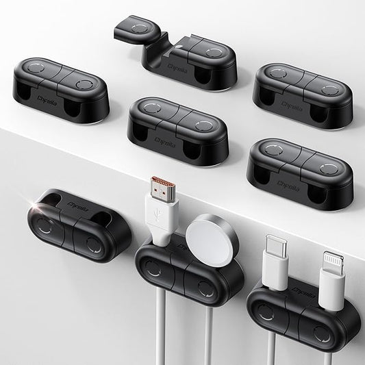Magnetic Cable Clips - Chfeila 8Pack [Dual Slot] [360°Rotating & Twist-Lock] Cord Management, Adhesive Phone Charging Keeper, Wire Organizer Holder for Nightstand, Home Office Desk Accessories Decor