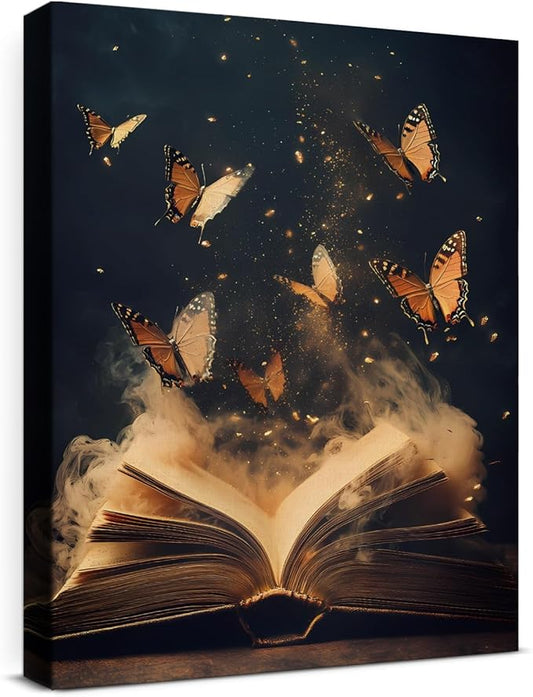 Aesthetic Book Butterflies Wall Art Decor Vintage Dark Academia Canvas Print Poster Framed Picture Painting for Home Reading Corner Library Decor 11x15 Inch, Gifts for Book Lovers Bookworms