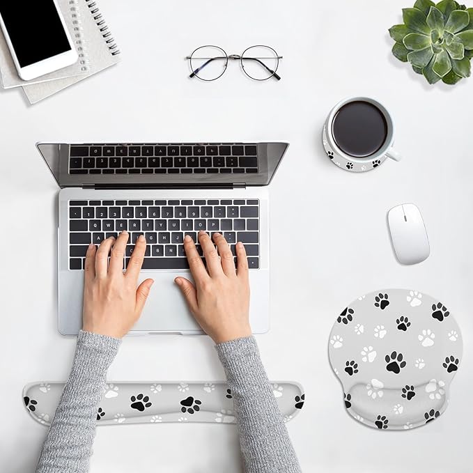 Britimes Ergonomic Mouse Pad Set with Wrist Rest Gray Paw Print Non-Slip Rubber Base Wrist Cushion Support and Coasters Mousepad with Wrist Support for Computer Keyboard and Desk