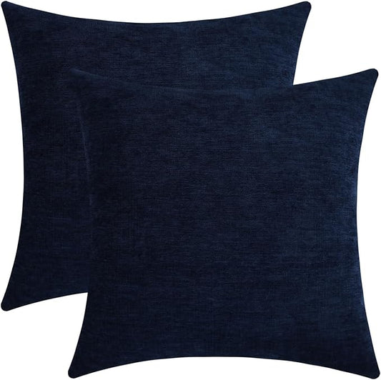Dark Blue Chenille Decorative Couch Throw Pillow Covers, Soft Cushion Cases for Home Livingroom Sofa Décor, Pack of 2, 20 x 20 Inches