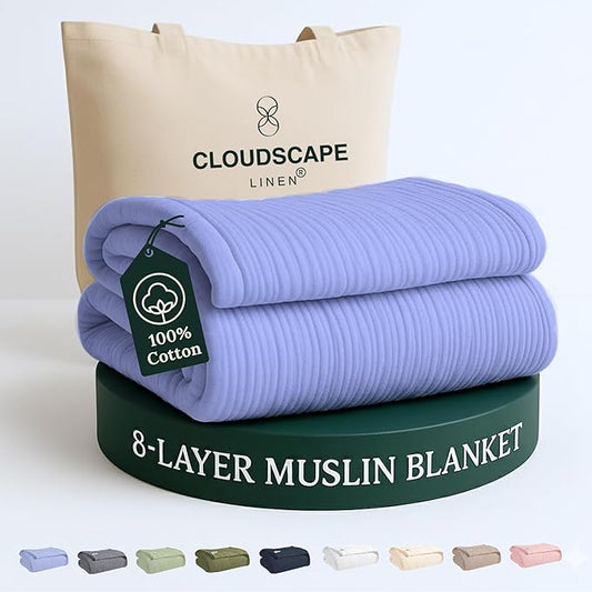 Cloud Scape Linen 100% 8 Layer Cotton Muslin Blanket King Size for Adult, Lightweight & Breathable, All Season Oversized Blanket for Bed, fits California King, 92x108, Lavender Blue