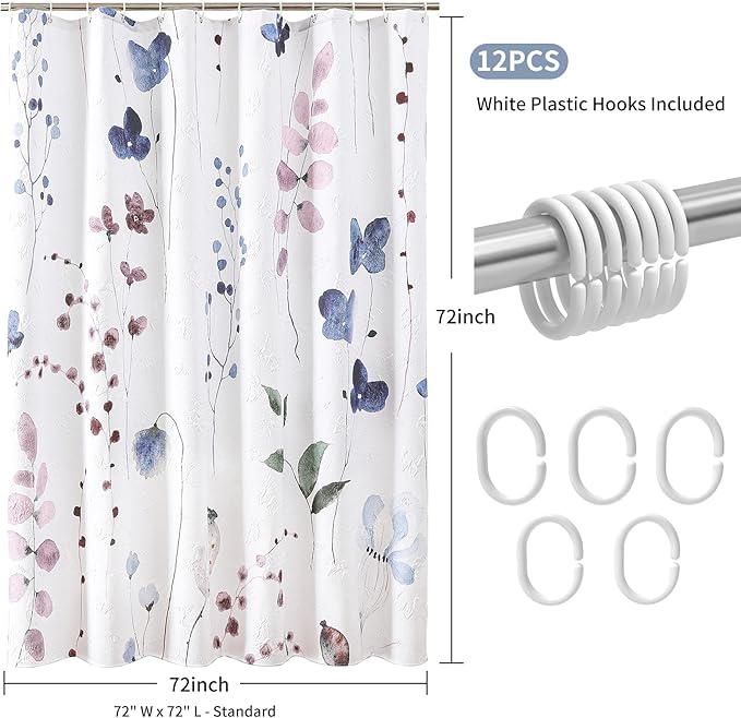 QIYI Watercolor Wildflowers Shower Curtain, Minimalist Floral Cloth Bath Curtain, 3D Embossed Butterflies Botanical Plants Flower Bathroom Decor, Waterproof Fabric Shower Curtain Set with Hooks, 72x72