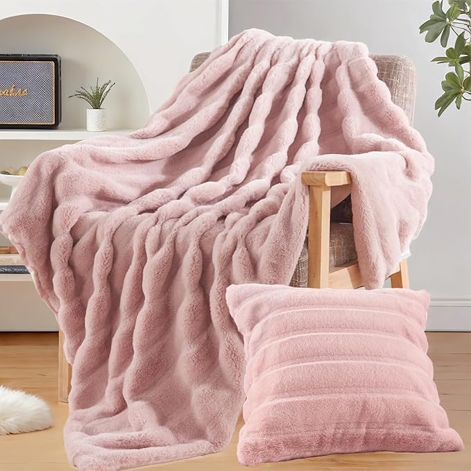 NEXHOME PRO Faux Fur Plush Throw Blanket Set with 2 Matching Square Pillow Covers, Luxurious & Fuzzy Soft Throw Blankets for Sofa,Chair, Couch, Living Room, Home Office 60"x80", Pink, 3PCS