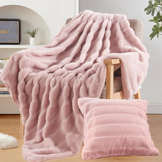 NEXHOME PRO Faux Fur Plush Throw Blanket Set with 2 Matching Square Pillow Covers, Luxurious & Fuzzy Soft Throw Blankets for Sofa,Chair, Couch, Living Room, Home Office 60"x80", Pink, 3PCS