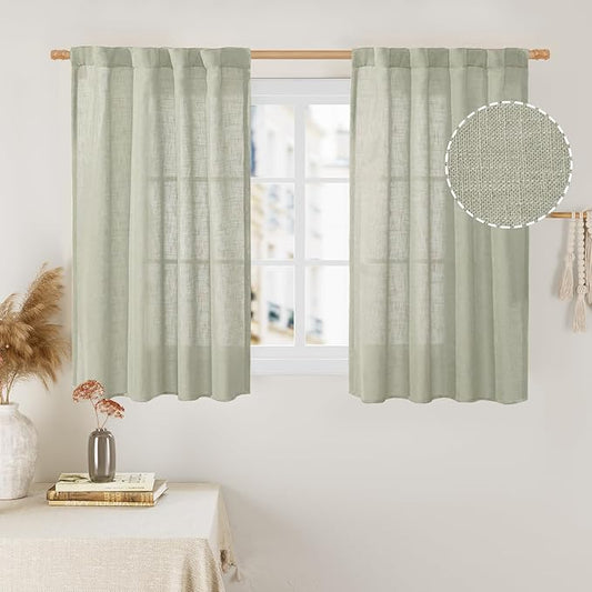 LAMIT 40 Inch Length Linen Curtains for Small Windows, Semi Sheer Light Filtering Panels Back Tab and Rod Pocket Neutral Drapes for Basement/Window/Loft Room, Sage Grey, 2 Panels, 34 x 40 Inch