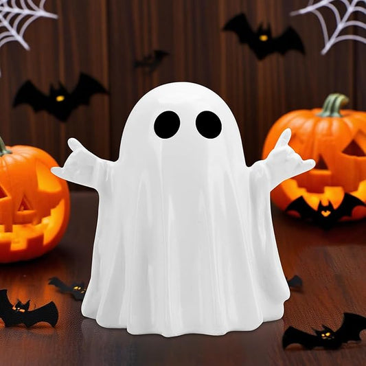 Halloween Funny Ghost Figurine with Rock Hand，Cute Halloween Ghost Decor Scary Resin Statues，Shelf & Centerpiece Displays，Cute Ghost with Funny Desk Figurine and Spooky Gifts