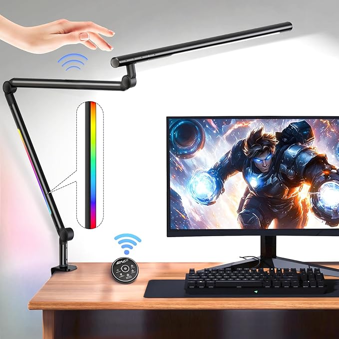 LED Desk Lamp with Clamp, 18W Architect Desk Lamp with Dual Light, Flexible 3 Sections Swing Arm, with RGB Light, with Remote, with Sensor Switch, Stepless Dimming, 4 Color Mode & 5 Brightness