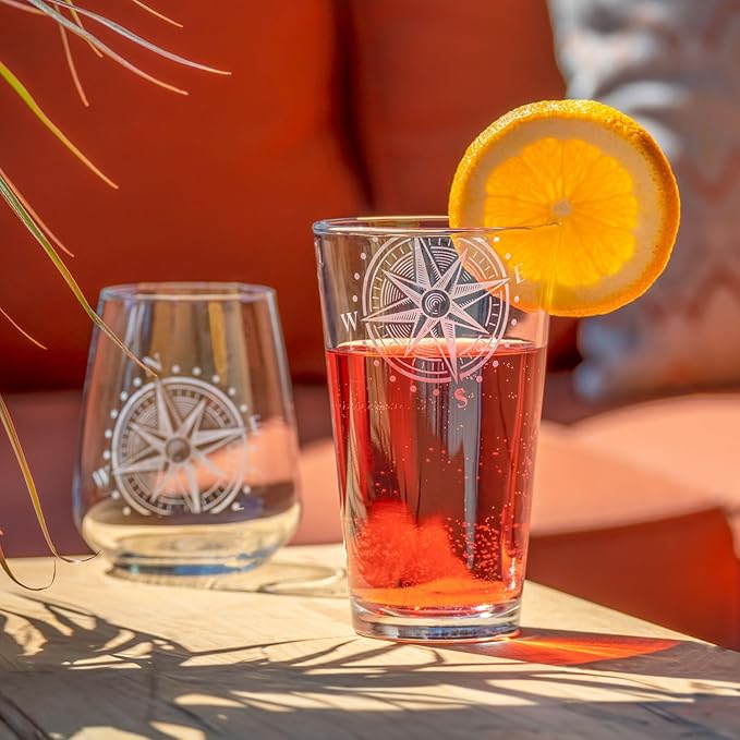 Rolf Glass Compass Star Pint Glass | 16oz Lead-Free Glass | Deep Sand Etched in the USA | Nautical Etched Design | Set of 4