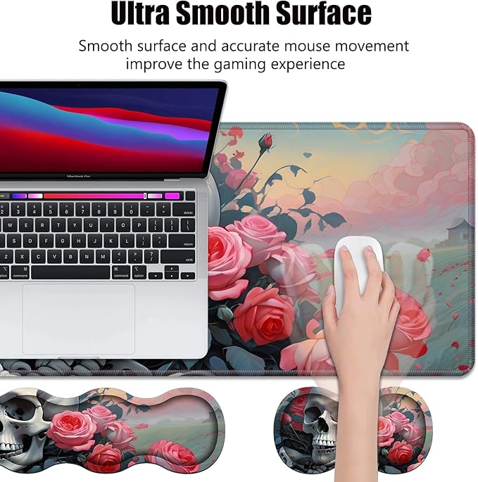 4 in 1 Ergonomic Memory Foam Mouse Pad Wrist Rest Set, Large XXL Gaming Desk Pad + Keyboard Wrist Rest + Mouse Wrist Cushion + Coaster for Home Office Study Gaming, Skull Roses