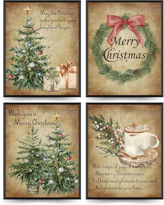 ETVISO Vintage Christmas Wall Art Prints Set of 4, Retro Christmas Trees Garland Poster, Winter Holidays Gift Print Decor for Gallery, Living Room, Bathroom, 8x10 (Unframed)