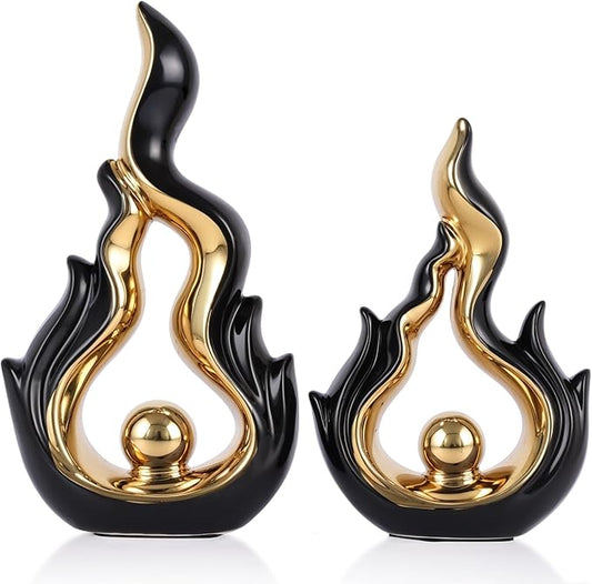 2 Pcs Black and Gold Ceramic Sculptures for Home Decor, Modern Abstract Art Statues, Centerpieces for Dining Room Table, Living Room, Shelf, Mantel, Coffee Table, Entryway Accent Decorations