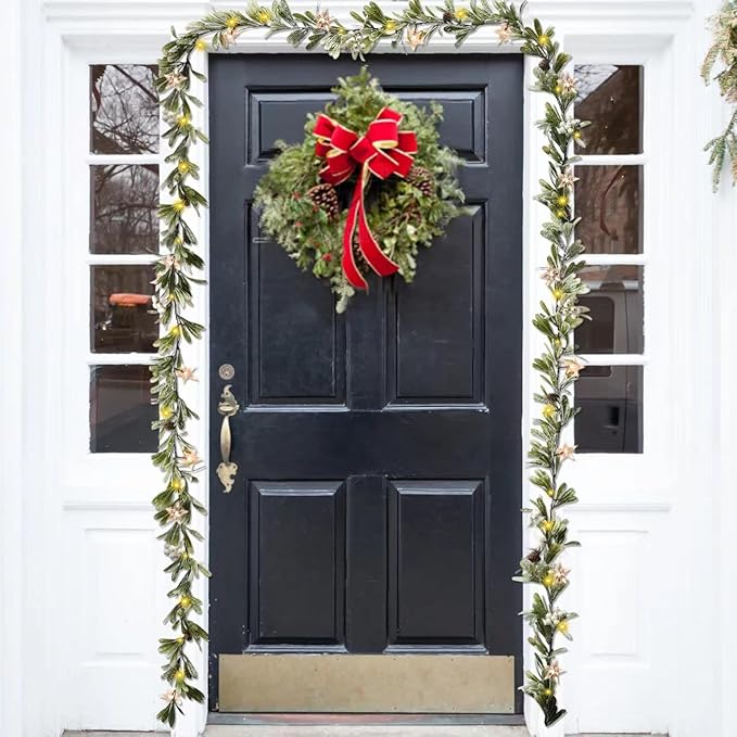 6ft Snowy Olive Christmas Garland with Pine Berry,Battery Operated Garland with Timer,Pre-lit Garland for Christmas,Party,Indoor, Fireplace, Stairs Railing,Mantle Decor