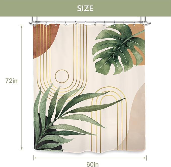 Glawry Boho Sage Green Shower Curtain 60Wx72L Inches, Abstract Bohemian Mid Century Bathroom Curtains, Plant Botanical Palm Leaf Cute Decor Fabric Shower Curtain Set Bathroom Rugs Waterproof 12 Hooks