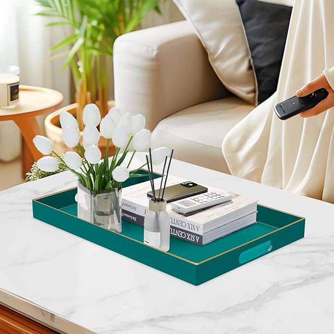 MAONAME Green Serving Tray with Handles, Rectangular Decorative Tray, Modern Coffee Table Trays, Plastic Ottoman Trays for Bathroom, Decor, 15.7” x 11.8” x 1.57"