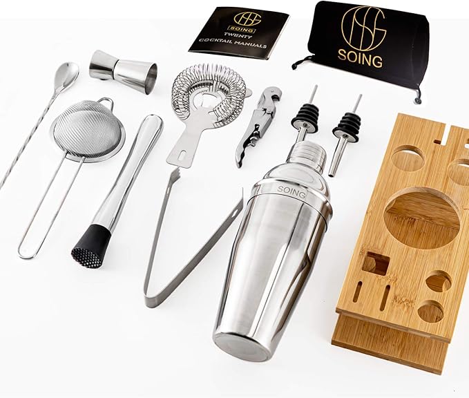 Soing 11-Piece Silver Bartender Kit,Perfect Home Cocktail Shaker Set for Drink Mixing,Stainless Steel Bar Tools with Stand,Velvet Carry Bag & Cocktail Recipes Cards (Silver)