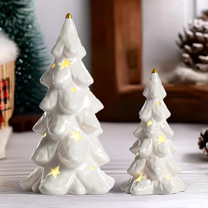 DN DECONATION Christmas Tree with Lights, Tabletop Xmas Trees with Star-Cutouts Leaves, 2Pcs White Prelit Ceramic Christmas Tree Figurines Holiday Centerpieces for Mantel & Shelves Decor