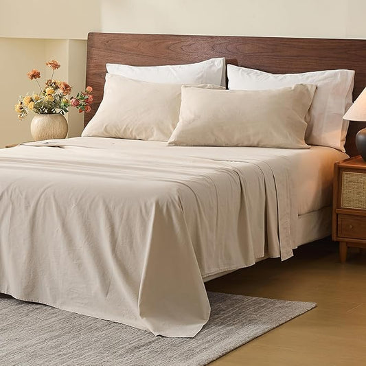 MEISHANG 100% French Pure Linen Sheets Queen Size - 6 PC Extra Deep Pocket Sheet Set, Soft Durable Flax Linen, Anti-Tear Breathable & Oeko-Tex Certified 18-24 Deep Pocket,All Season(Linen)