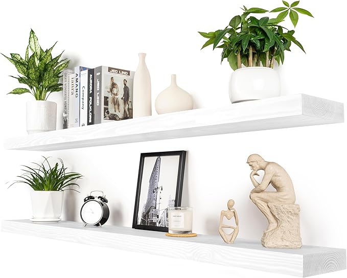 Rustic Floating Shelves 60 inch Long 8 "deep Set of 2, Heavy Duty Wood Wall Mounted Shelves for Bathroom Living Room Kitchen,Book Shelves with Thickened Hidden Bracket-White