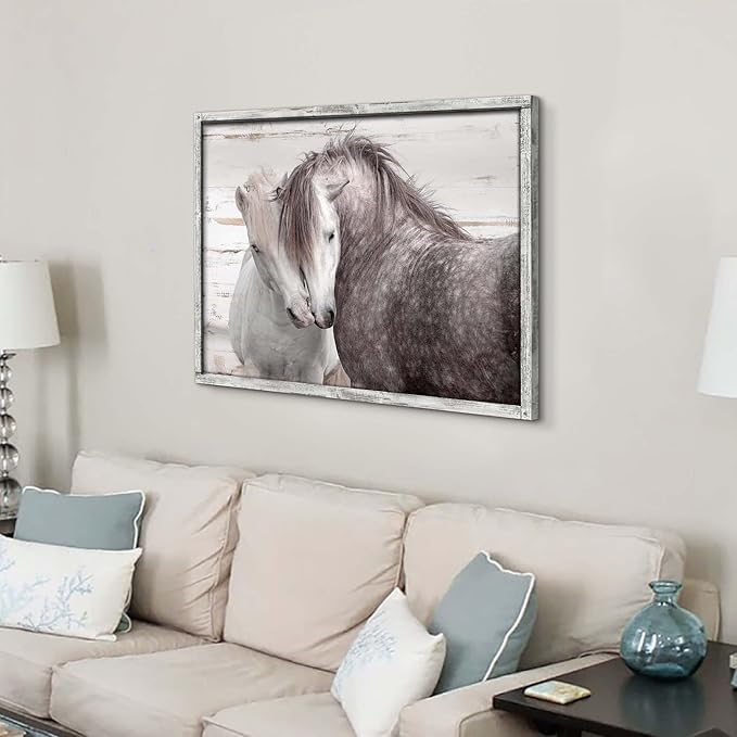 Horse Wall Art Wood Decor: Large Animal Framed Picture Rustic Horses Nuzzling Print Artwork Farmhouse Country Western Painting for Home Living Room Bedroom