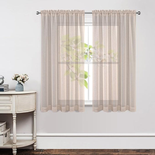 Joydeco Linen Sheer Curtains 63 Inch Length 2 Panels Set, Rod Pocket Long Sheer Curtains for Window Bedroom Living Room, Lightweight Semi Drape Panels for Yard Patio (54x63 inch, Linen)