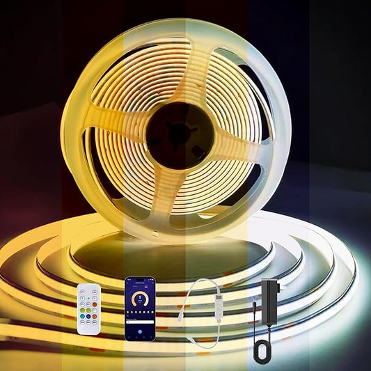 CCT COB LED Strip Light 32.8ft, Tunable White Warm White to Cool White LED Strip, 608LEDs/M DC24V Tape Light, CRI90+, Bluetooth App Control, Dimmable Strips for Bedroom, Office, DIY Lighting.