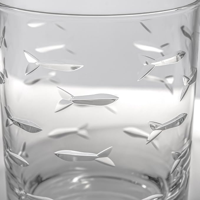 Rolf Glass School of Fish 13 oz Double Old Fashioned Whiskey Cocktail Glass | Set of 2 | Engraved Lead-free Tumbler Glasses | Made in the US