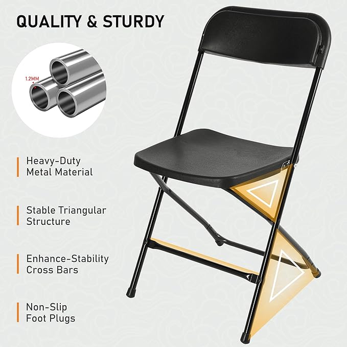 SEALAMB 6 Pack Black Plastic Folding Chairs for Indoor Outdoor, Portable Commercial Seat with Steel Frame for Home Office Wedding Party Events, 350lb Capacity (Black-Plastic, 6 Pack)
