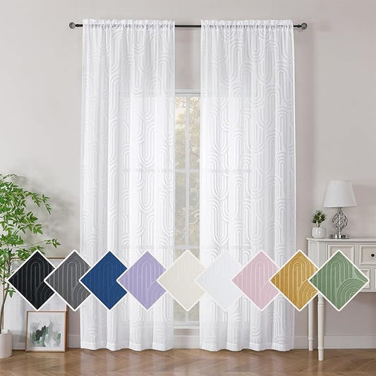 Simplebrand White Sheer Curtains 96 Inches Long 2 Panels for Living Room, Jacquard Clip Textured Geometric Mid Century Sheer Curtains, Light Filtering Elegant Long Curtains Sheer, 42" Wx96 L