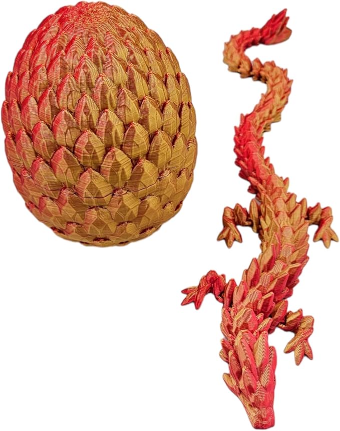 3D Printed Dragon Egg Articulating Gemstone Dragon Fidget Figurine - Vibrant Color Dragons Flexible ADHD, Autism and Anxiety Relief - Articulated Joints (Gold Red)
