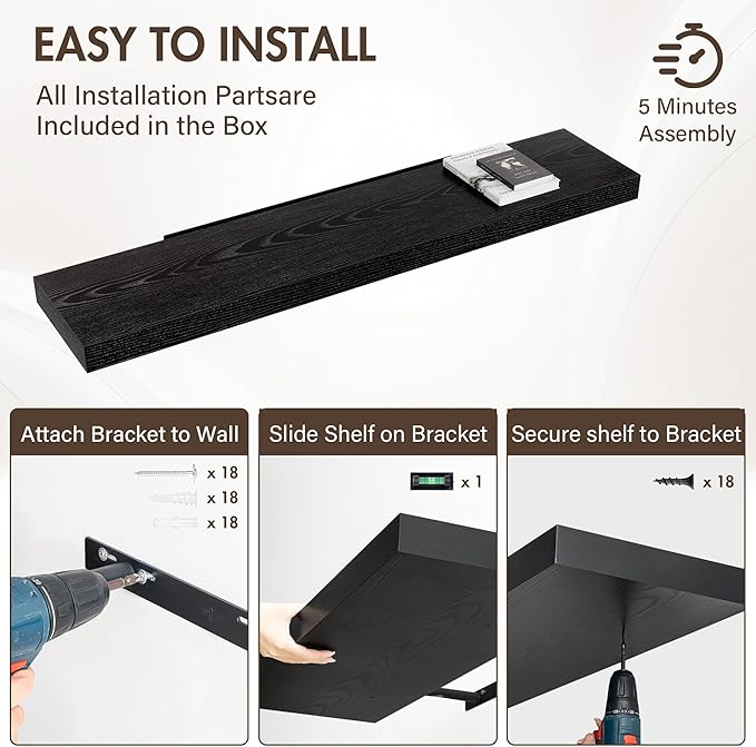 55 Inch Floating Shelves, 12" Deep Floating Shelf Wall Mounted, 55" Wall Shelves, Rustic Deep Bookshelf, Extra Deeper & Thicker Display Shelves for Bedroom, Living Room, Black, Set of 2