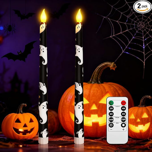 Halloween Decor Flameless Taper Candles with Remote & Timer - White Ghost Decal Black LED Taper Candles with Timer - Home Party Horror Theme Haunted House Decorations, Set of 2