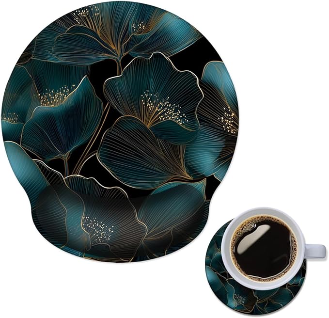 Mouse Pad with Wrist Support, Ergonomic Mouse Pad with Memory Foam Wrist Rest Cushion, Non-Slip Rubber Base Gaming Mice Pad for Home Office Computer Laptop,Gold Green Plants